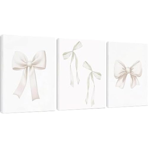 BFKDKG Preppy Bow Canvas Wall Art Beige Coquette Poster Prints Set of 3 Girly Apartment Aesthetic Pictures College Dorm Painting Decor for Girls Bedroom 16 * 24 * 3 Framed