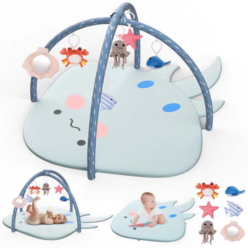 OMZER Baby Play Gym Mat, Newborn Playgym Mat, Infant Activity Playmat with Detachable Hanging Toys for Sensory & Motor Skill Development, Ocean Style