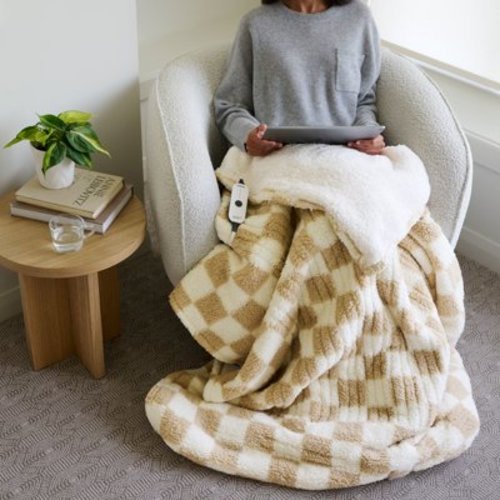 Sunbeam Throw Nordic Sherpa with FootPocket, Fog Checker Board 4 Heat Settings, 4-Hour Auto Shut-Off, Electric Heated Blanket, 50” x 60”