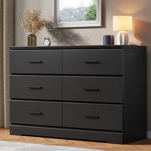 Jocoevol Black 6 Drawer Dresser for Bedroom, Chest of Drawers with Silver Handle, Wood Storage Dresser with Deep Drawers for Bedroom, Living Room, Hallway Entryway (52.76 * 21.26 * 7.87 in)