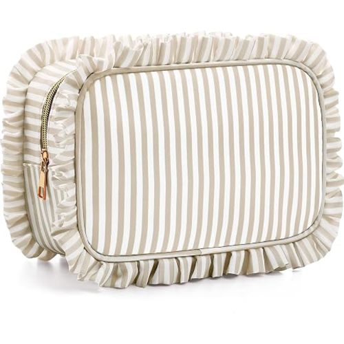 Kigeli Ruffle Makeup Bag Preppy Makeup Pouch Large Travel Cosmetic Bag Nylon Waterproof Toiletry Make up Organizer for Women(Striped,Khaki)