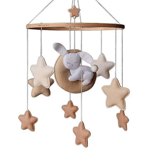 Bunny Baby Mobile – White Rabbit Crib Mobile with Felt Stars | Gender Neutral Nursery Decor | Baby Shower Gift for Boy or Girl | Handmade Cot Mobile