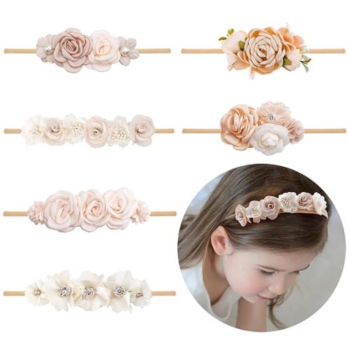 6PCS Baby Girl Flower Headband Elastic Hairbands Handmade Nylon Bows Floral Hair Accessories Gifts for Newborn Infant Toddlers