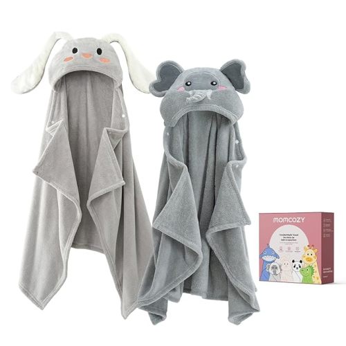 Momcozy Baby Bath Towels with Visualize Health Label - Ultra Soft & Absorbent Coral Fleece Hooded Towels for Newborn, Infant, Toddler (0-36 Months) Bath Essentials (Large Size,2 Pack)
