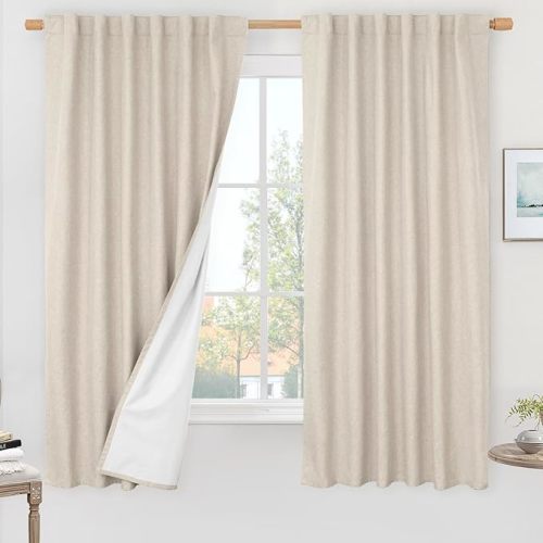 100% Blackout Oatmeal Linen Curtains, 63 Inches Linen Textured Thermal Bedroom Curtains Back Tab and Rod Pocket Neutral Panels with White Liner for Farmhouse, 2 Panels, 52 x 63 Inch