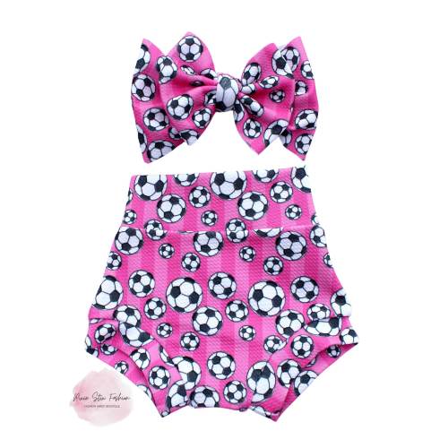 Pink or Blue Soccer High Waisted Bummy and Bow Set/Baby Girl Soccer Outfit/Pink Soccer Bummie and Bow Set/Baby Gir Soccer Outfit