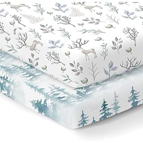 100% Organic Cotton Fitted Mattress Sheets for Graco Pack n Play, Babyletto, Pamo Babe, Dream on Me, Evenflo, Baby Trend Portable/Mini Crib/Playards, and Beka Bedside Bassinet 2 Pk, Deer and Forest