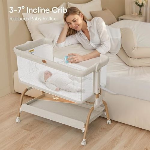 Baby Bassinet Bedside Crib, 3-in-1 Baby Bassinet Bedside Sleeper with Mattress and Soft, Breathable Sheet, Full-Mesh Sides, 6-Height Adjustable, Stable and Secure Crib for Newborns
