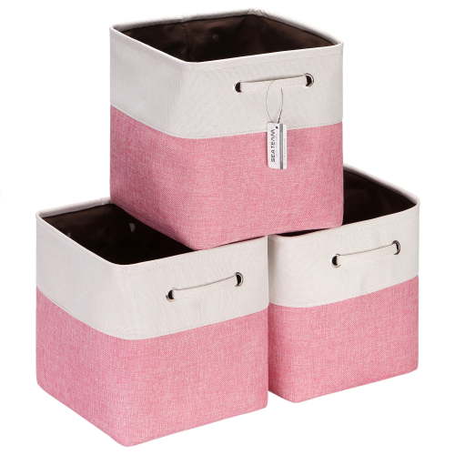Sea Team 3-Pack Cubic Storage Basket Set, Storage Cube Organizer, Clothes Toys Bin, 11 x 11 x 11 Inches, Big Square Canvas Fabric Collapsible Shelf Box with Handles, Pink & White