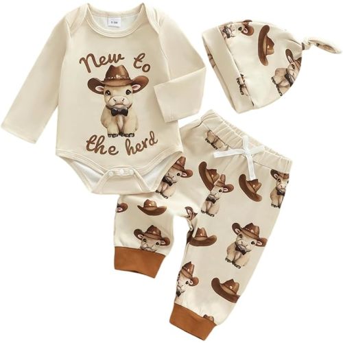 New to the Herd Baby Boy Outfit Cow Print Romper Retro Jogger Pants Hat Cute Western Newborn Going Home Announcement