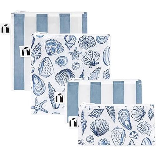Roamio Reusable Snack Bags, 4-pack Set Nautical Stripe and Blue Shells