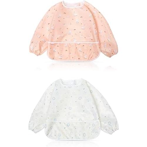 Little Dimsum Mess-Proof Baby Bibs|Infant Toddler Long Sleeve Waterproof Feeding Art Smock|Catching Food & Wipe Clean| Pack of 2 Colors(mouse&alpaca)