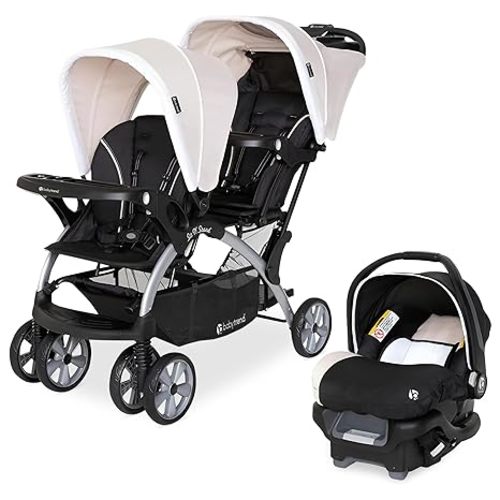 Infant and Toddler Double Stroller & Car Seat Combo, 2 Pc Set, Khaki - Portable and Lightweight Stroller Duo and Car Seat Travel System Tandem