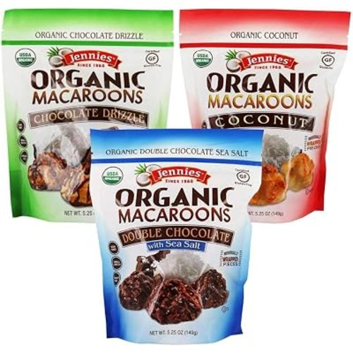 Jennies Organic Coconut Macaroons Variety Pack, 5.25oz | Coconut, Chocolate Drizzle, Double Chocolate Sea Salt | Peanut Free | Dairy Free | Individually Wrapped