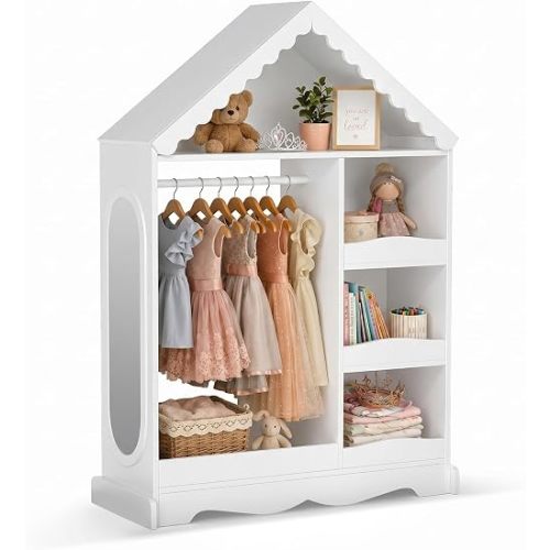 VOWNER Kids Wardrobe Closet with Mirror and Storage Shelves (White)