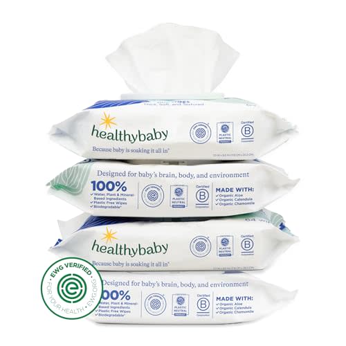 HealthyBaby Our Wet Wipes | EWG Verified Safe | 100% Water & Plant Based | Unscented & Safe for Sensitive Skin | Fragrance Free and Totally Chlorine Free (4 packs, 256 wipes)