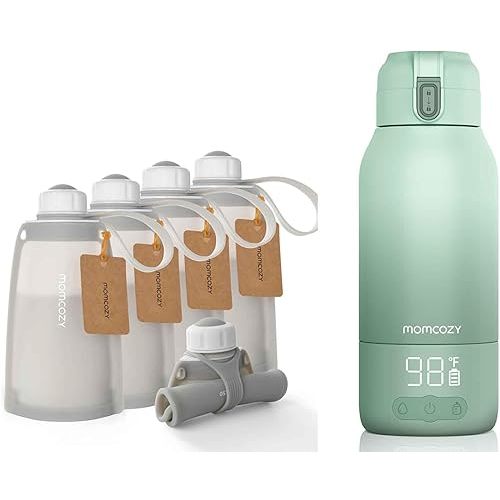 No Leak Momcozy Silicone Breastmilk Storage Bags & Momcozy Portable Milk Warmer for Travel