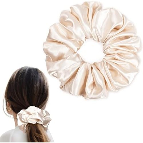 Beige Big Satin Scrunchie6.5 Inches Jumbo Scrunchies Silky Hair Ties Oversized Ponytail Holderfor Thick Curly Hair Extra Large Hair Accessories for Women (Beige)