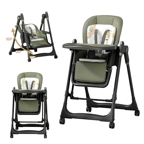 6-in-1 Adjustable Baby High Chair & Swing 0-6Yrs - Foldable Infant Seat w/ 2-Second Mode Switch, 5-Point Belt, Silent Wheels & FDA Tra (Green)