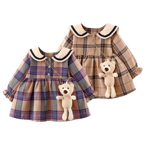 Plaid Pattern Dress with Bear Plush Toy - MyLoveHoney Baby Clothing