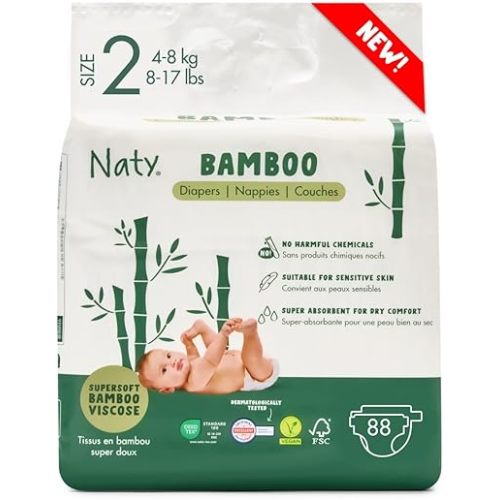Naty Bamboo Viscose Baby Diapers – Silky Soft, Plant Based, Dermatologically Tested for Sensitive Skin & Super Absorbent (Size 2, 88 Count)