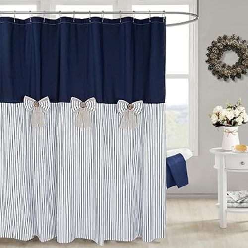Farmhouse Navy Shower Curtain,Bowknot,Cotton Woven and Cotton Blend Fabric,Pleated Navy Stripe,Country Style,72x72 in