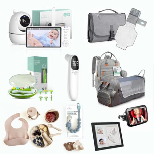 Gift Set - 10 Piece | New Born Essentials Kit | Baby Monitor with Camera,Diaper Changing Pad,Thermometer, Nail Clipper, Daiper Bag, Mirror for Car, Silicon Feeding Set, Pacifier, Hand & Footprint Kit
