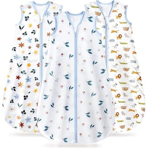 3 Pack Baby Sleep Sack 0-6 Months 100% Organic Cotton, 0.5 TOG Lightweight Wearable Blanket, 2-Way Zipper Sleeping Bag, Animal&Plant&White