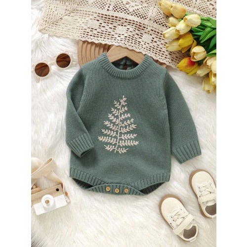 1pc Baby Green Triangle Romper, Holiday Embroidered Round Neck Long Sleeve Jumpsuit Sage Green Baby Sweater Baby Boy Sweater Baby Sweater Baby Girl Sweater Baby Knit Sweater Baby Boy Sweater Light Green Baby Christmas Sweater Baby Knitted Sweater Baby Gir