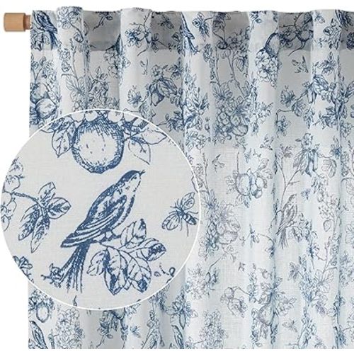 Vangao Linen Floral Curtains for Living Room 84 Inch Length Toile Blue and White Drapes French Country Back Tab Light Filtering Printed Farmhouse Bedroom Rod Pocket Window Treatments 2 Panels