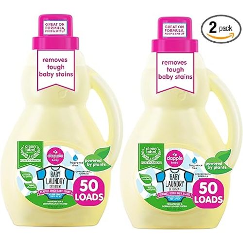 Dapple Baby Laundry Detergent, Plant Powered, Hypoallergenic, Fragrance Free, Concentrated, 50 fl oz (Pack of 2)