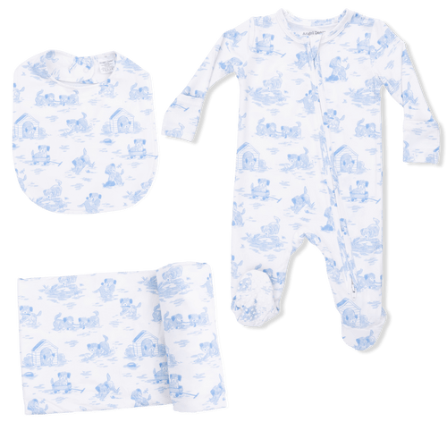 Puppy Toile Blue - 2 Way Zipper Footie, Swaddle & Bandana Bib Set – Angel Dear