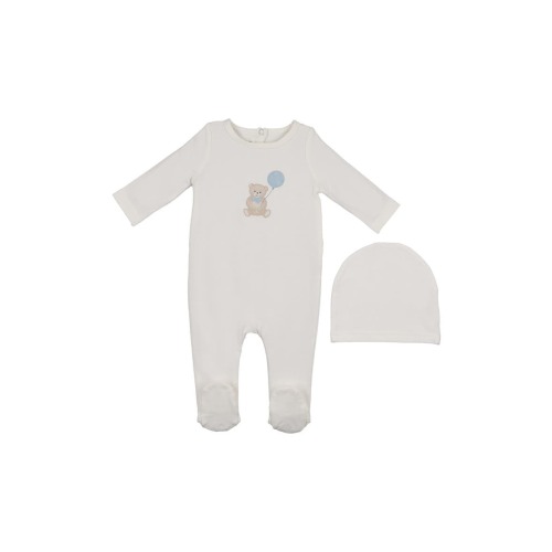 Teddy Print Cotton Blend Footie & Beanie Set