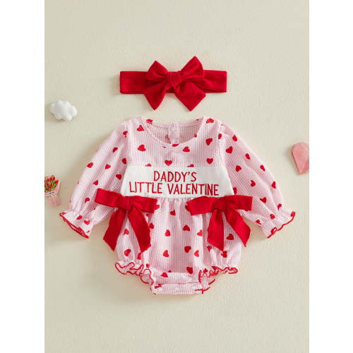 Loicainy Newborn Toddler Baby Girl Romper for Valentines Day,3 6 9 12 18 Months Long Sleeve Crew Neck Heart Letters Bow Jumpsuit with Hairband Clothes