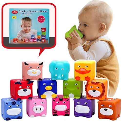 Soft Baby Blocks – Stacking & Building Toys for Babies and Toddlers – 12 No Hole Squeeze Animals Blocks – Sensory Teething Toys for Infant 6 Months+