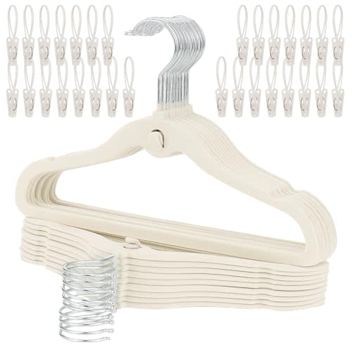 Kids Velvet Hanger 50 Pack, 11.8" Clothes Hanger with 30 Clips, Non-Slip Flocked Hangers, Space Saving Small Clothes Hangers for Closet, Coats, Pants, Dresses (Beige)