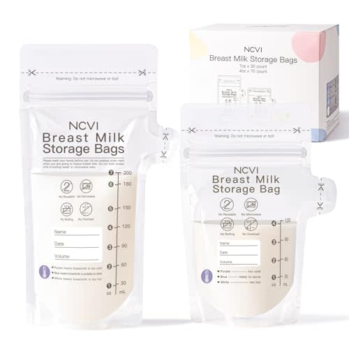 NCVI 4+7 oz Breastmilk Storage Bag Freezer for 0-3 Months, Breast Milk Feeding Bag with Temp-Sensing, Doubled-Sealed, Self Standing, Easy Pour Spout, BPA-Free, 4oz(70count)+7oz(30count)