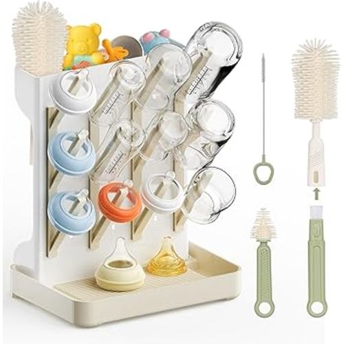 Superior Vertical Baby Bottle Drying Rack with 4-Pack Brush Set: Space-Saving Countertop Drying Rack - BPA-Free Baby Accessories Storage Stand Organizing Brushes & Pacifiers - Warm Beige