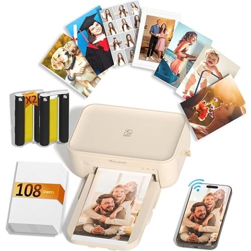 HPRT CP4100 4x6 Photo Printer with 108 Sheets & 2 Ribbons, Full-Color Thermal Dye Sublimation Wi-Fi Printing, Portable Instant Picture Printer for iPhone/Android, AR Video, Fun App, Home Use, Beige