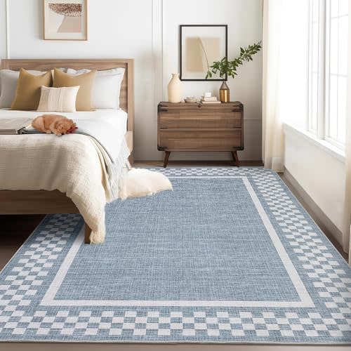 GarveeHome Washable Area Rug 4x6 Small Modern Bordered Living Room Rugs | Soft Dining Room Throw Carpet Low Pile Non Slip Checkered Bedroom Geometric Carpet for Nursery Kitchen Home Office, Blue