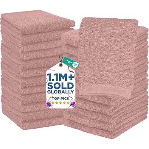 DAN RIVER 24 Pack Wash Cloths for Showering [12x12] - 100% Cotton Washcloths Premium Quality Flannel Face Cloths for Bathroom, Highly Absorbent and Soft Feel Wash Clothes, Dusty Pink