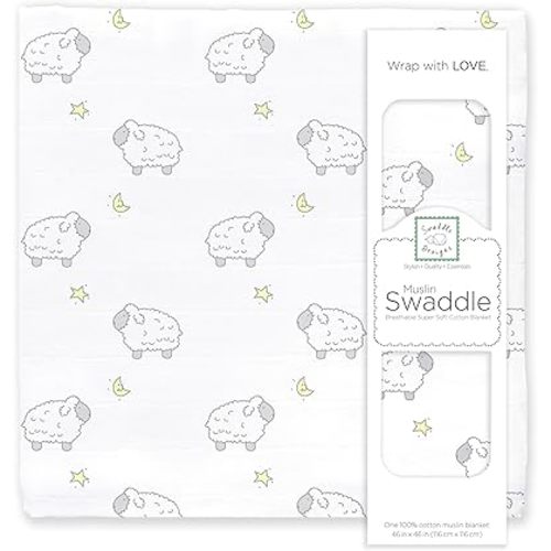 SwaddleDesigns Cotton Muslin Swaddle Blanket, Receiving Blanket for Boys & Girls, Best Shower Gift, 46x46 inches, Little Lambs, Sterling