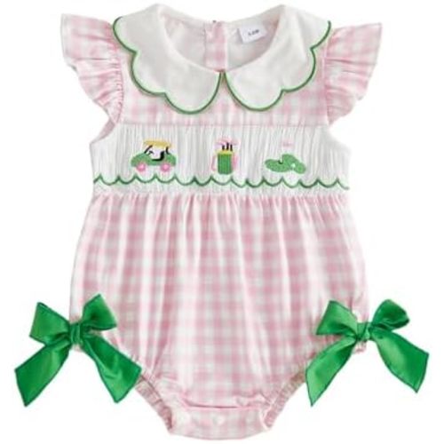 Baby Girl Clothes Golf Cart Flagstick Embroidery Plaid Ruffle Sleeveless Romper Jumpsuit Smocked Bubble Outfit