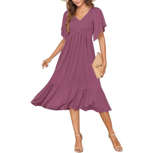 AUSELILY Women's Summer Empire Waist Dress Smocked Flutter Short Sleeve V Neck Midi Dresses 2026 New