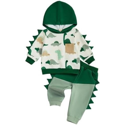 Infant Baby Boy Hooded Clothes Set Dinosaur Color Block Sweatshirt Pant Set Toddler Fall Winter Outfit 0-24 Months