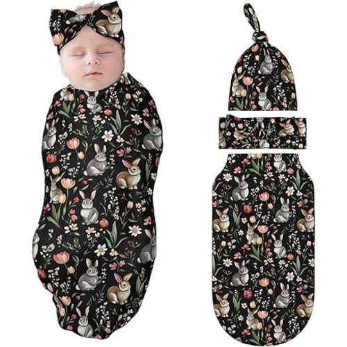 Bunny Swaddle Blankets Newborn Receiving Blanket Baby Swaddle Wrap with Headband Hat Set for Baby Girls Boys