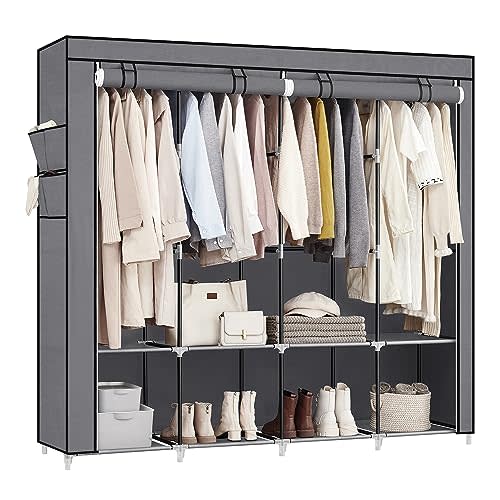 SONGMICS Portable Closet with Cover, 4 Hanging Rods and Shelves | Wardrobe Closet Organizer, 4 Side Pockets, 17.7 x 66.9 x 65.7 Inches, Dove Gray, Rylan Collection URYG094G02