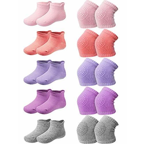 10 Pairs Baby Crawling Anti Slip Knee Pads and Anti Slip Baby Socks Set Unisex Toddler Knee Protectors Non Slip Ankle Socks