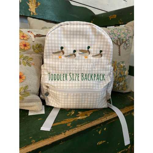 Monogrammed Backpack Khaki Gingham Toddler Size Nylon book bag. Mallard Duck embroidered name Diaper Bag. Baby Boy Shower gift