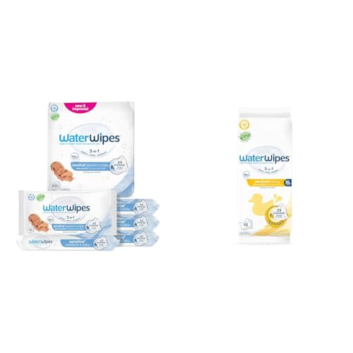 WaterWipes Bundle, Original 300 Count (5 packs) & XL Bathing Wipes 16 Count (1 pack), Plastic-Free, 99.9% Water Based Wipes, Unscented, Hypoallergenic for Sensitive Skin, Packaging May Vary